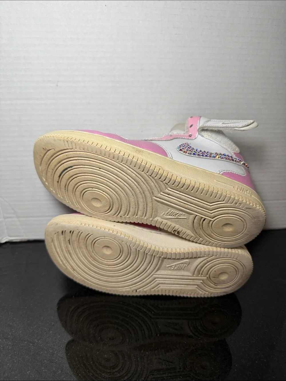 Nike Air Force 1 Mid White Pink Girls Custom Rhinestone Swoosh Sneakers Size 3Y